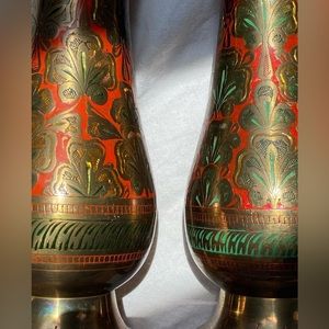 Vintage Etched Enamel Brass Vases, made in India, bohemian global home goods